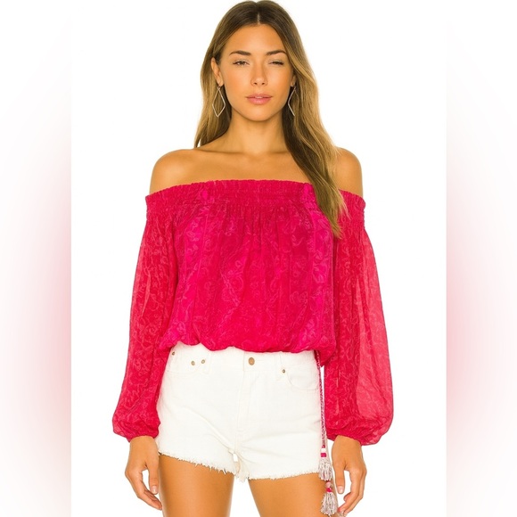 Rococo Sand Silk Off The Shoulder Blouse Hot Pink Embroidered Excellent Size XS - Picture 1 of 8